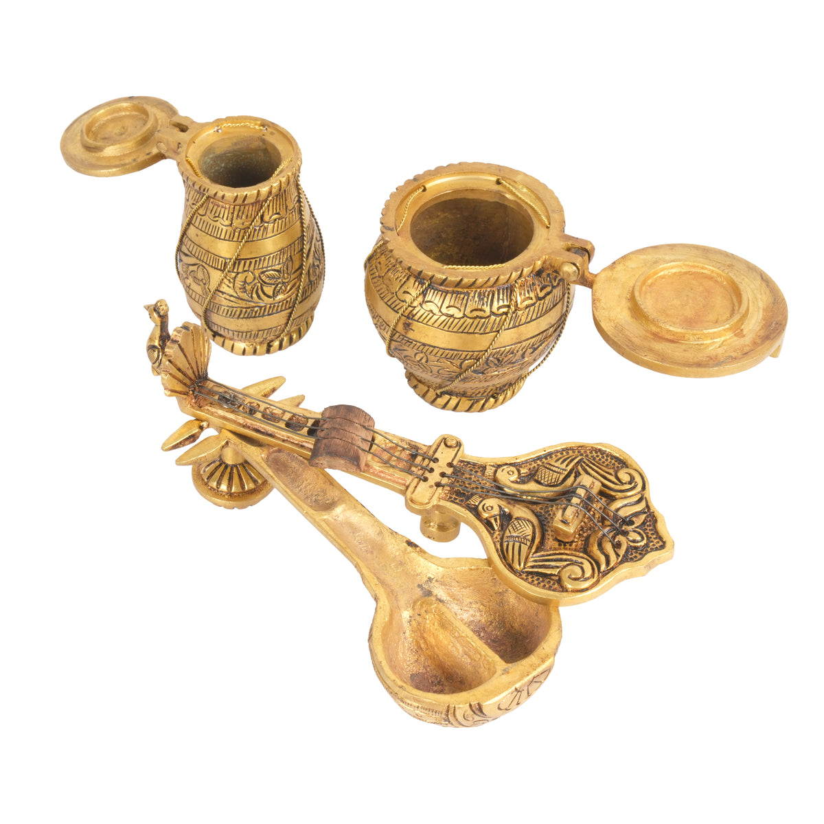 Handcrafted Traditional Brass Musical Instrument Miniatures | Hinged Veena & Tabla Set