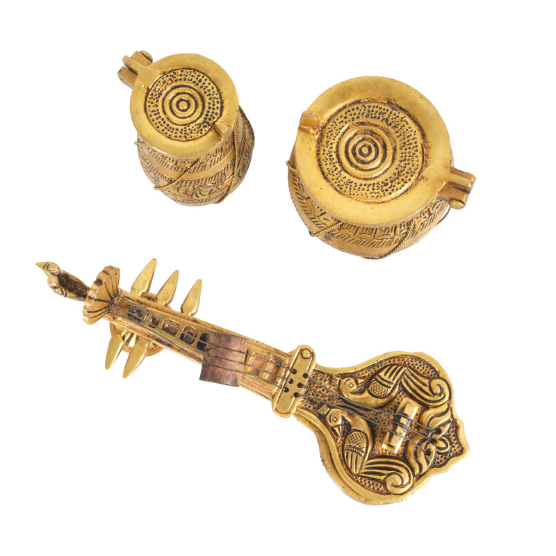 Handcrafted Traditional Brass Musical Instrument Miniatures | Hinged Veena & Tabla Set