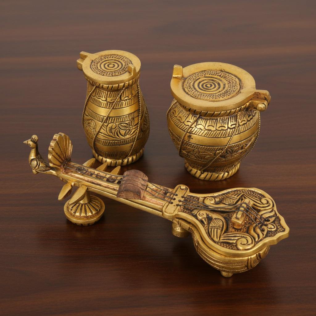 Handcrafted Traditional Brass Musical Instrument Miniatures | Hinged Veena & Tabla Set