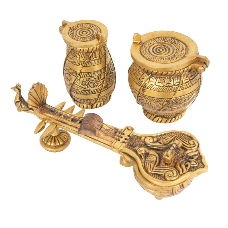 Handcrafted Traditional Brass Musical Instrument Miniatures | Hinged Veena & Tabla Set