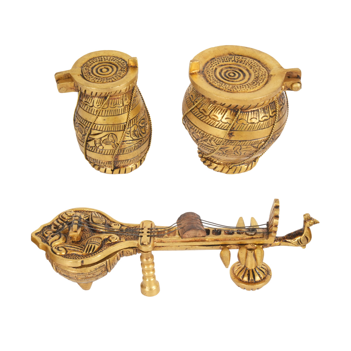Handcrafted Traditional Brass Musical Instrument Miniatures | Hinged Veena & Tabla Set