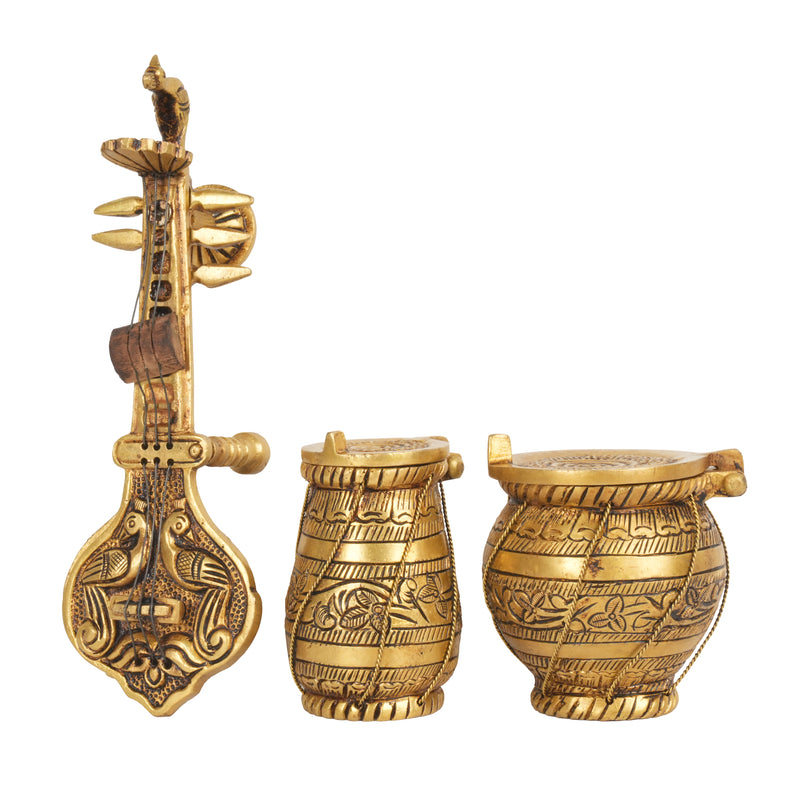 Handcrafted Traditional Brass Musical Instrument Miniatures | Hinged Veena & Tabla Set