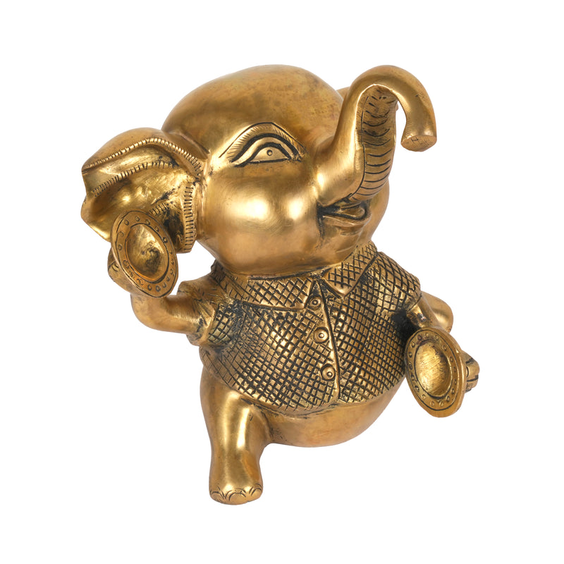 Handcrafted Traditional Brass Elephant Playing Manjira | Festive Musical Figurine