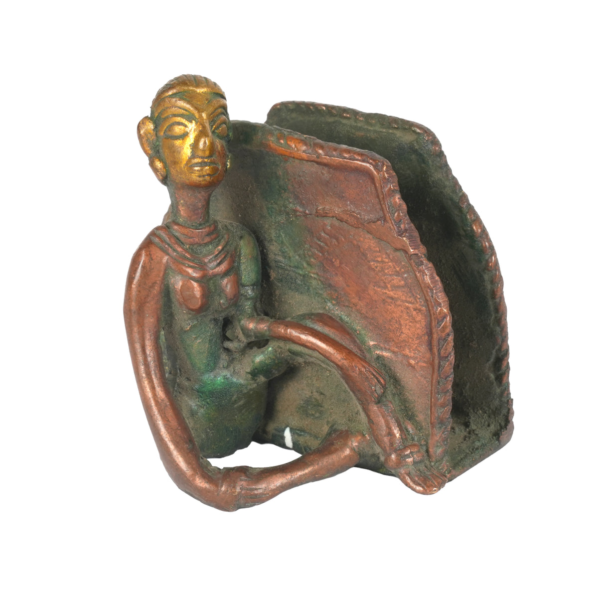 Handcrafted Dhokra Brass Business Card Holder | Antique Tribal Figurine Desk Organizer