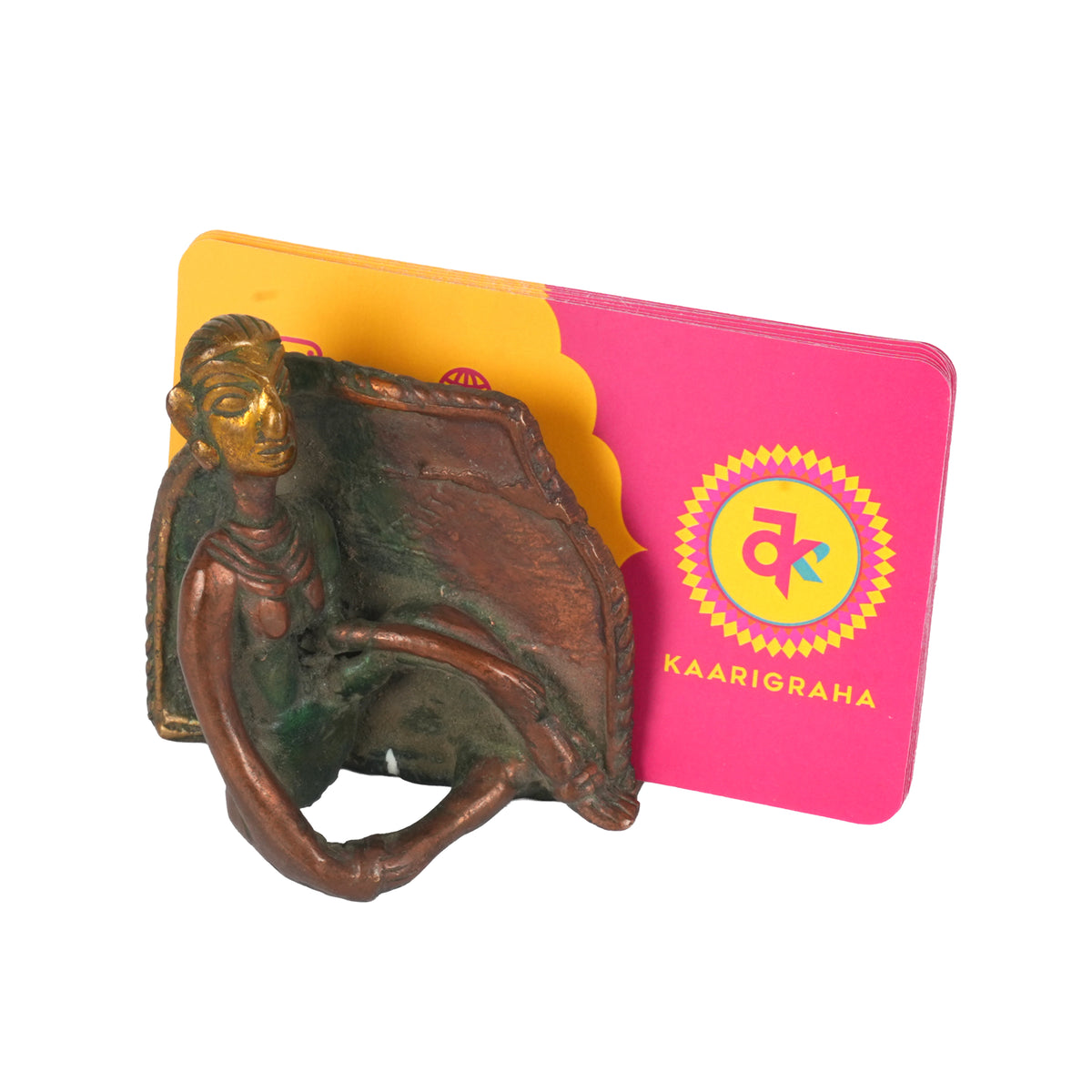 Handcrafted Dhokra Brass Business Card Holder | Antique Tribal Figurine Desk Organizer