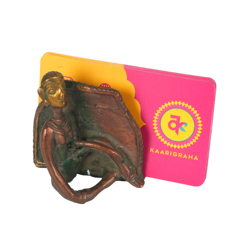 Handcrafted Dhokra Brass Business Card Holder | Antique Tribal Figurine Desk Organizer