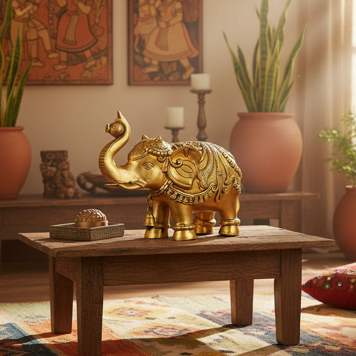 Vintage-Style Hand-Crafted Brass Procession Elephant | Raised Trunk Festive Figurine