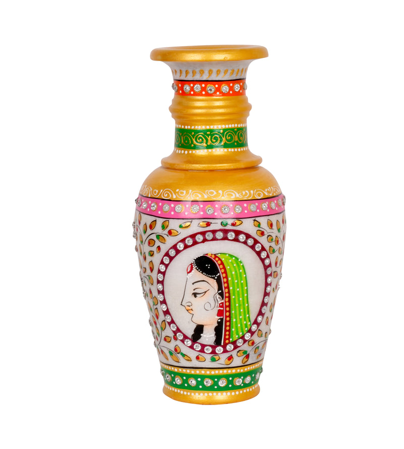 Maharani's Portrait: Hand-Painted Marble Vase | Rajasthani Figural Art Decor