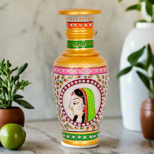 Maharani's Portrait: Hand-Painted Marble Vase | Rajasthani Figural Art Decor