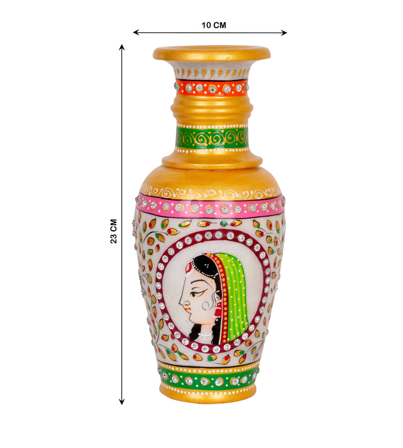 Maharani's Portrait: Hand-Painted Marble Vase | Rajasthani Figural Art Decor