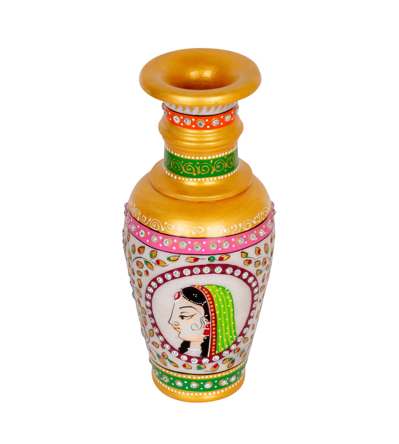 Maharani's Portrait: Hand-Painted Marble Vase | Rajasthani Figural Art Decor
