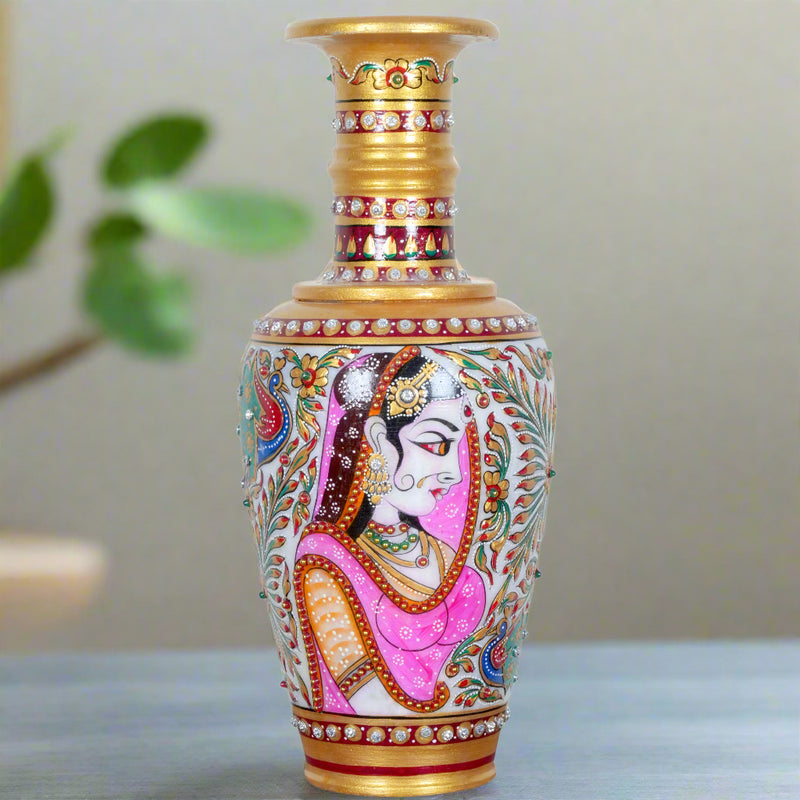 Hand-Painted Marble Vase – Rajasthani Women Portraits