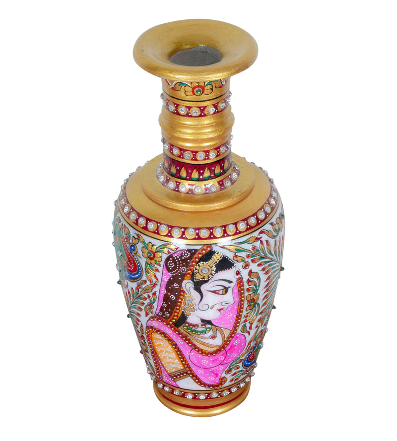 Hand-Painted Marble Vase – Rajasthani Women Portraits