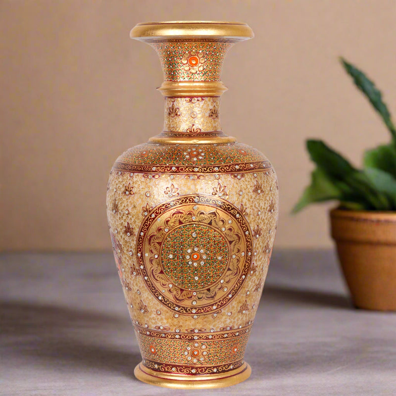 Golden Mandala: Hand-Embellished Marble Vase | Ornate Indian Decorative Art