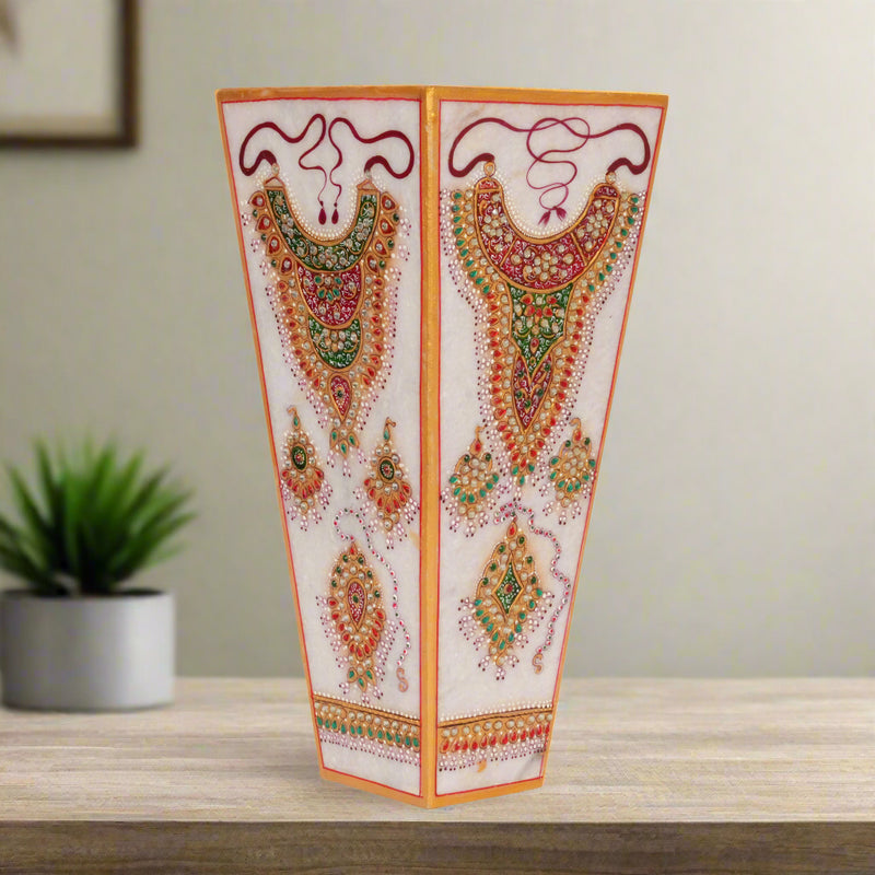 Handcrafted Marble Vase with Traditional Rajasthani Meenakari Artwork