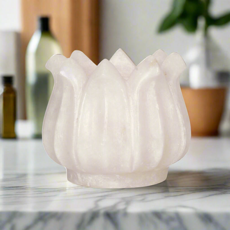 Hand-Carved White Marble Lotus Candle Holder | Symbol of Enlightenment