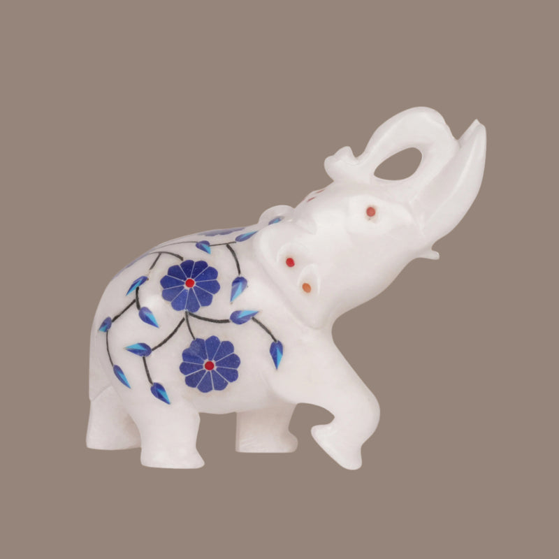 Azure Bloom: Hand-Carved Marble Elephant with Blue Parchinkari Inlay