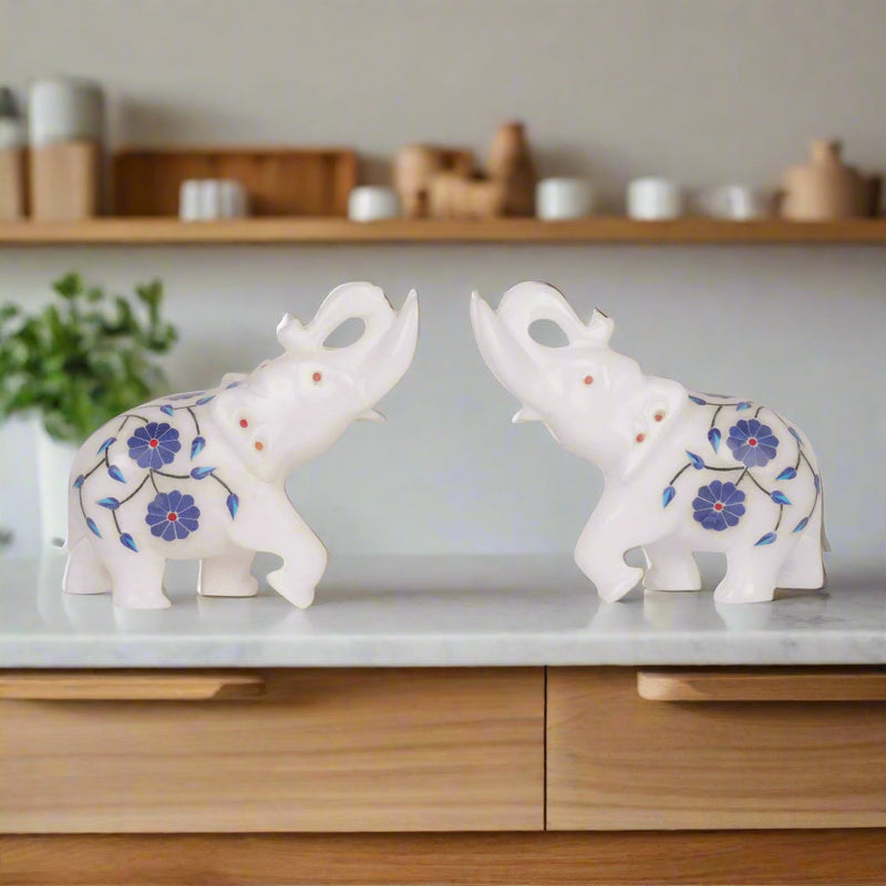 Azure Bloom: Hand-Carved Marble Elephant with Blue Parchinkari Inlay
