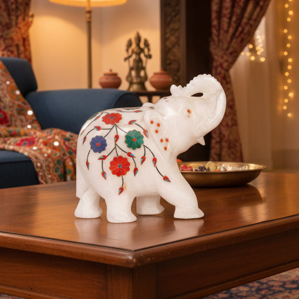 Royal Flourish: Hand-Carved Marble Elephant with Parchinkari Inlay | Auspicious Decor