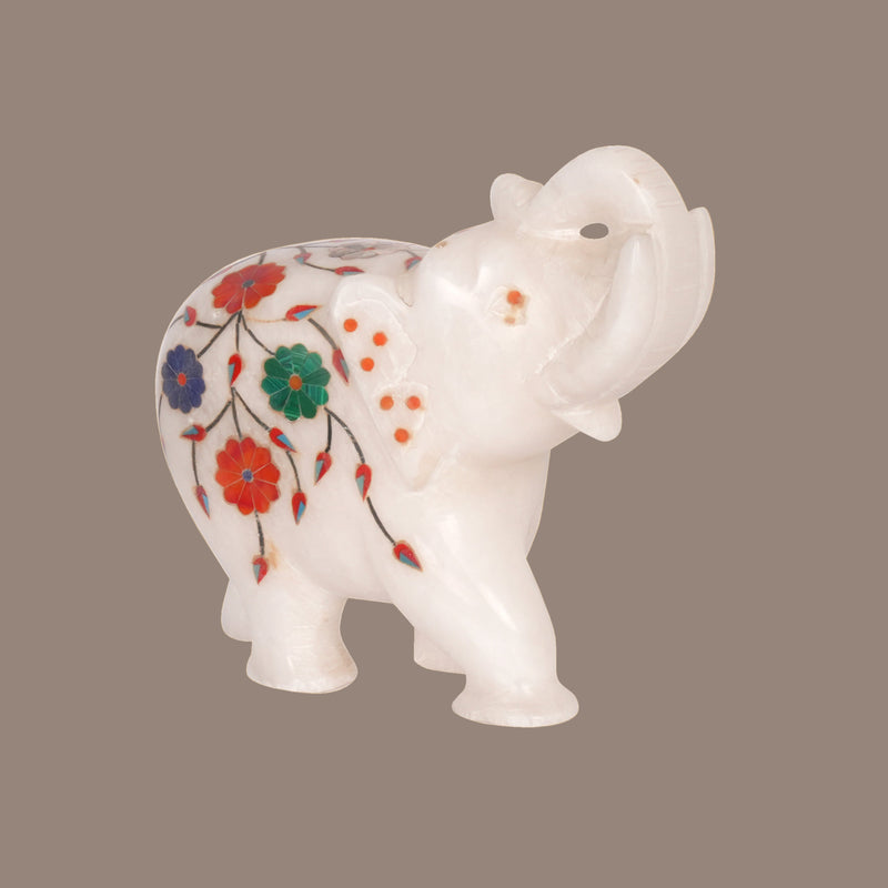Royal Flourish: Hand-Carved Marble Elephant with Parchinkari Inlay | Auspicious Decor