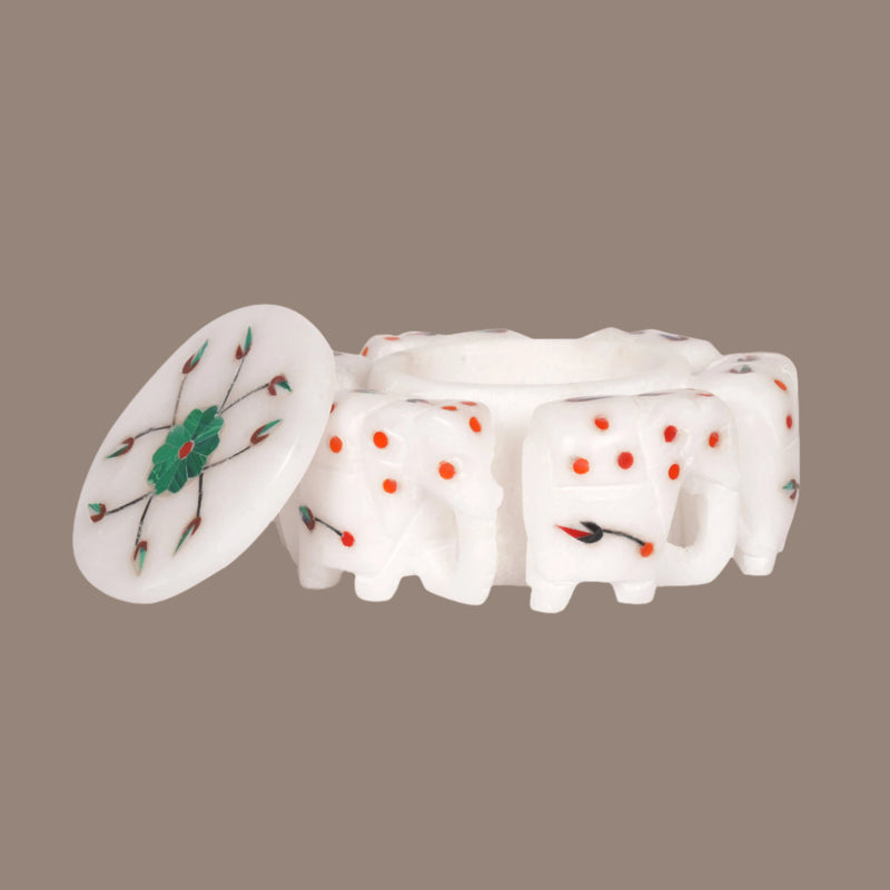 Marble Elephant with Royal Sapphire Floral Inlay Box