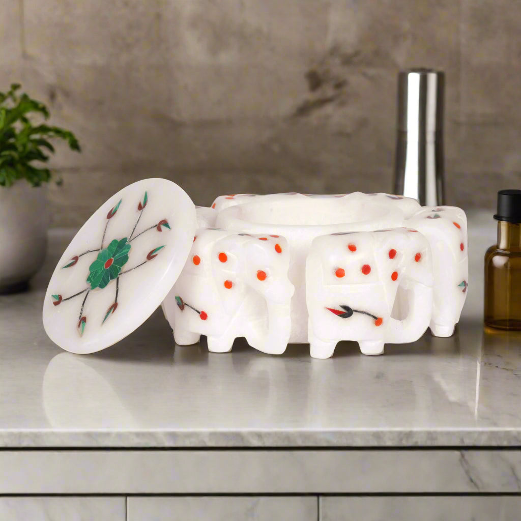 Marble Elephant with Royal Sapphire Floral Inlay Box