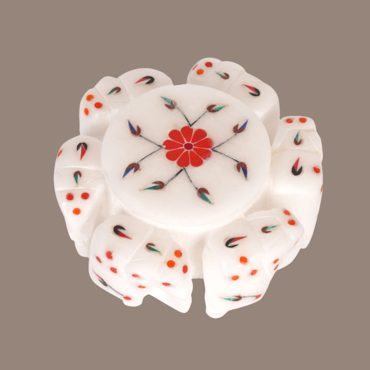Marble Elephant with Sunset Coral Floral Inlay Box
