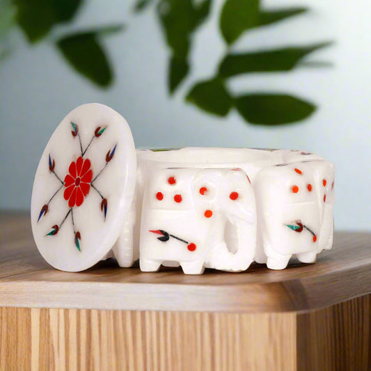 Marble Elephant with Sunset Coral Floral Inlay Box