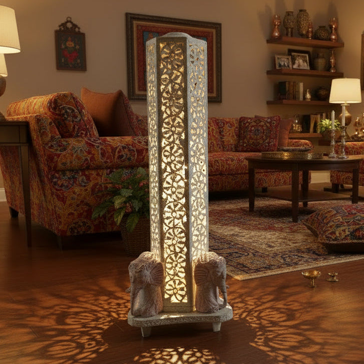 Regal Elephant Jali Work Marble Lamp