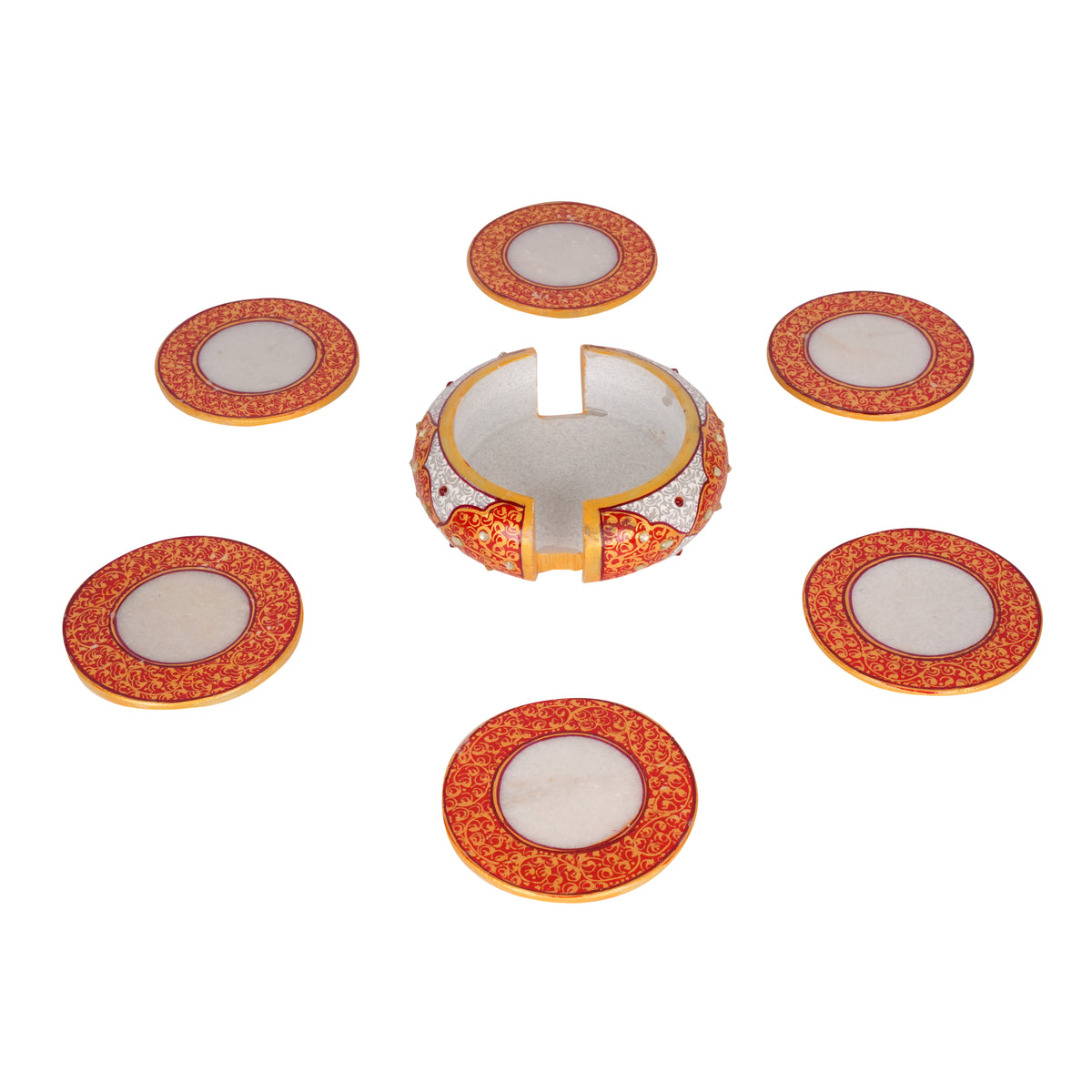 Hand-Painted Marble Coaster Set with Holder | Indian Home Decor Accent