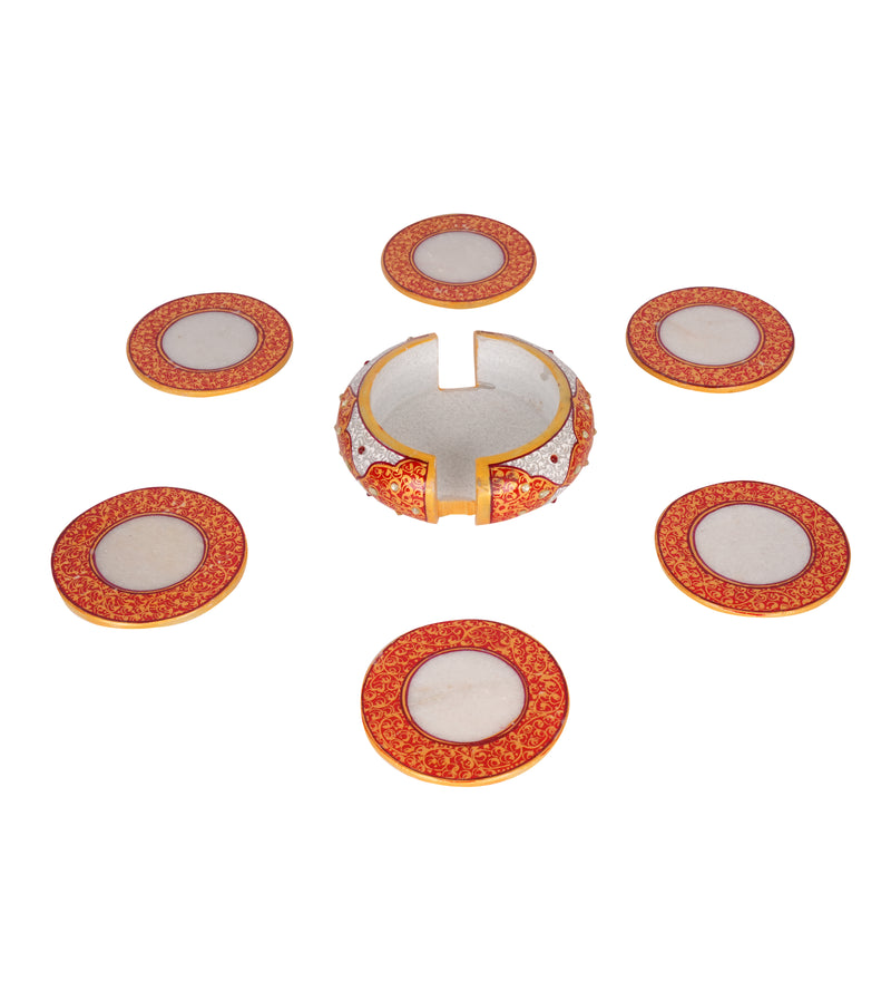 Hand-Painted Marble Coaster Set with Holder | Indian Home Decor Accent