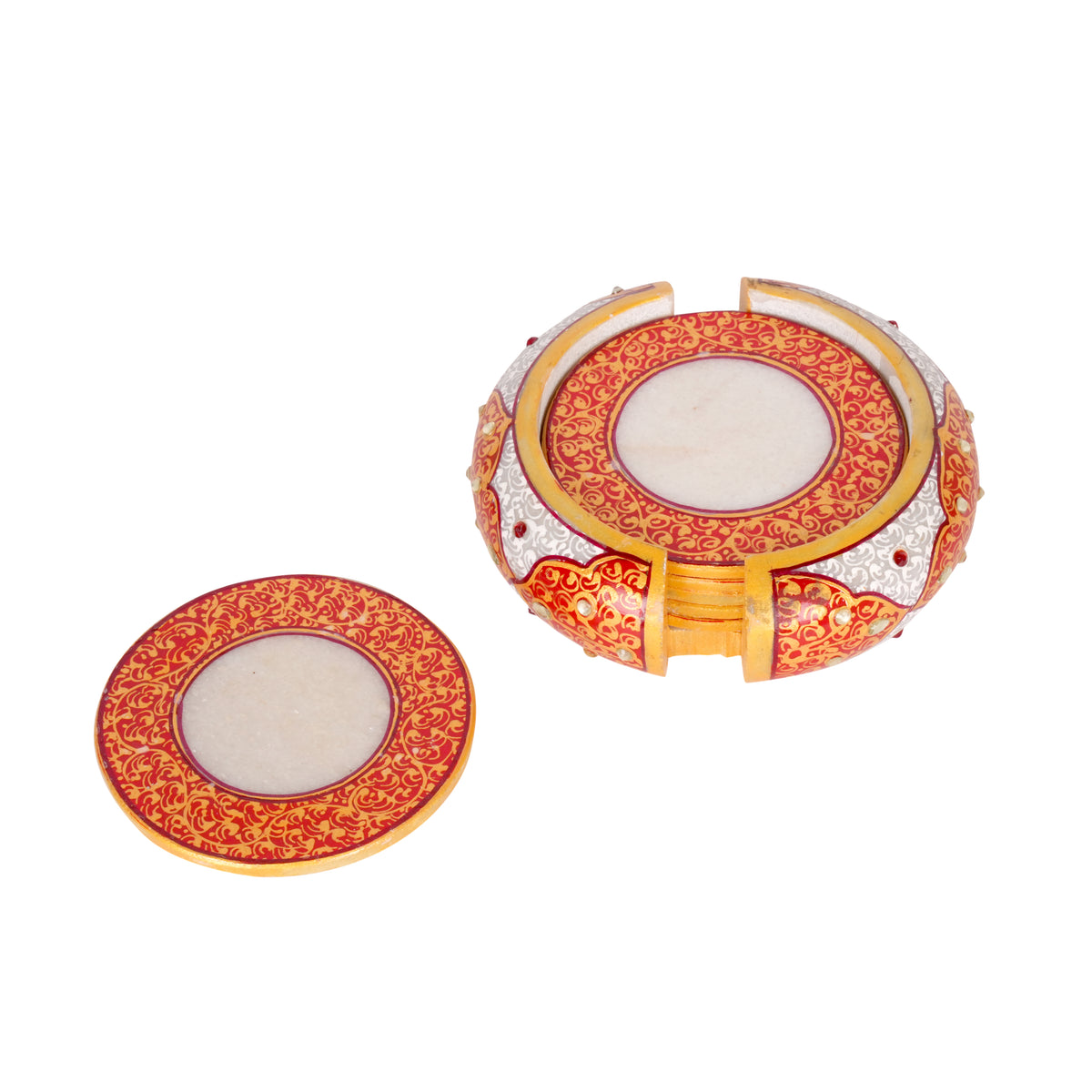 Hand-Painted Marble Coaster Set with Holder | Indian Home Decor Accent