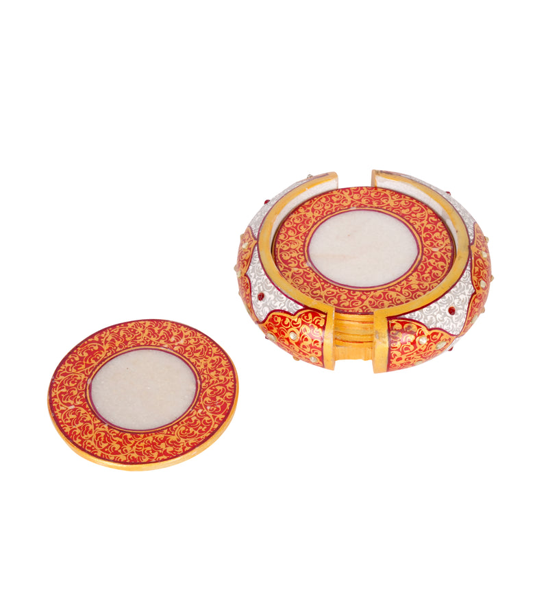 Hand-Painted Marble Coaster Set with Holder | Indian Home Decor Accent