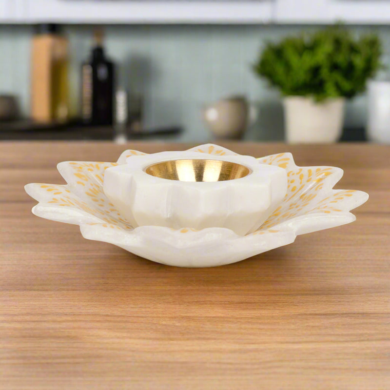 Handcrafted Marble & Brass Tea Light Holder | Star-Shaped Diya for Serene Glow