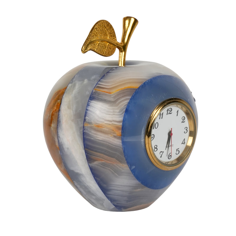 Handcrafted Onyx Stone Apple Clock | Creative Natural Banded Marble Desk Timepiece