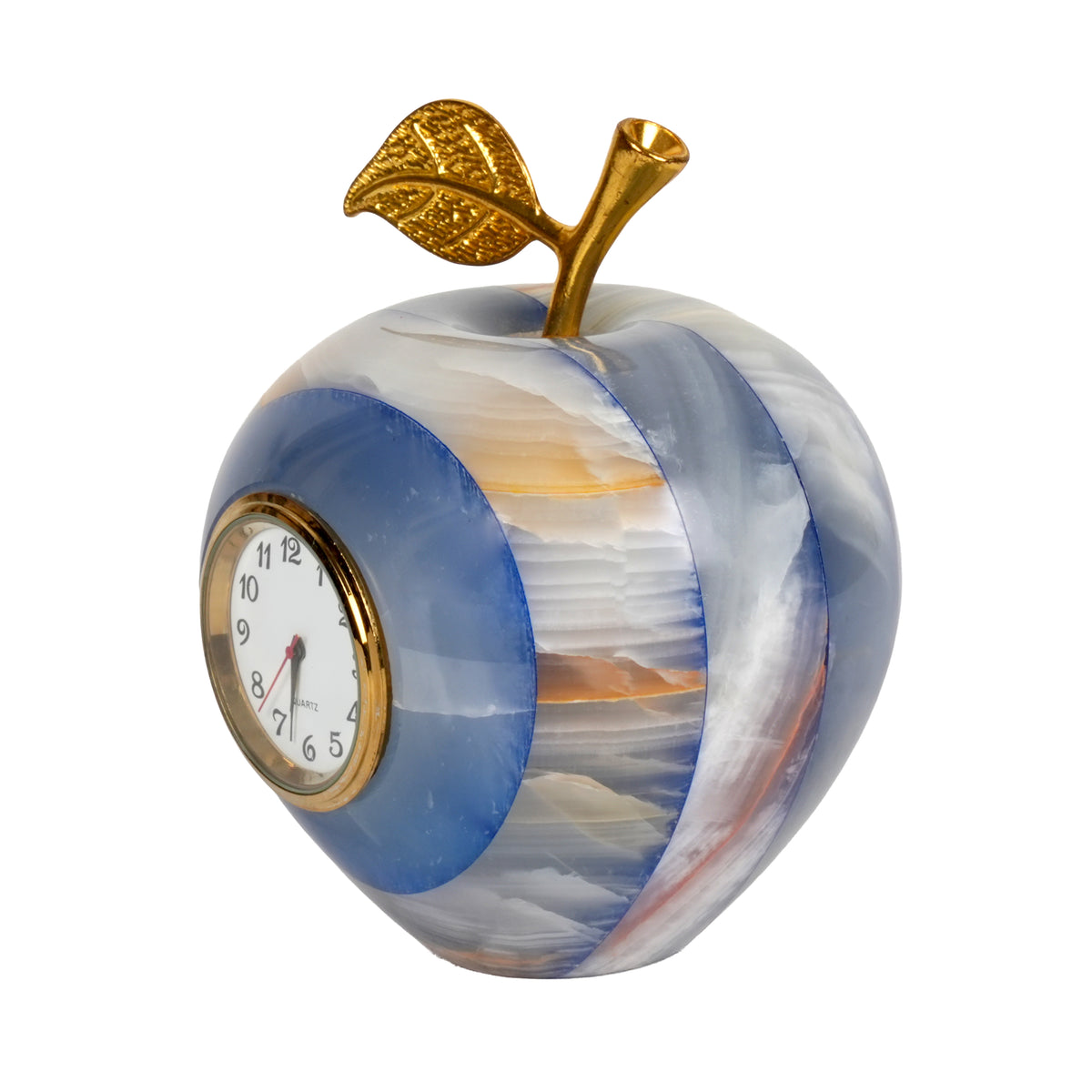 Handcrafted Onyx Stone Apple Clock | Creative Natural Banded Marble Desk Timepiece