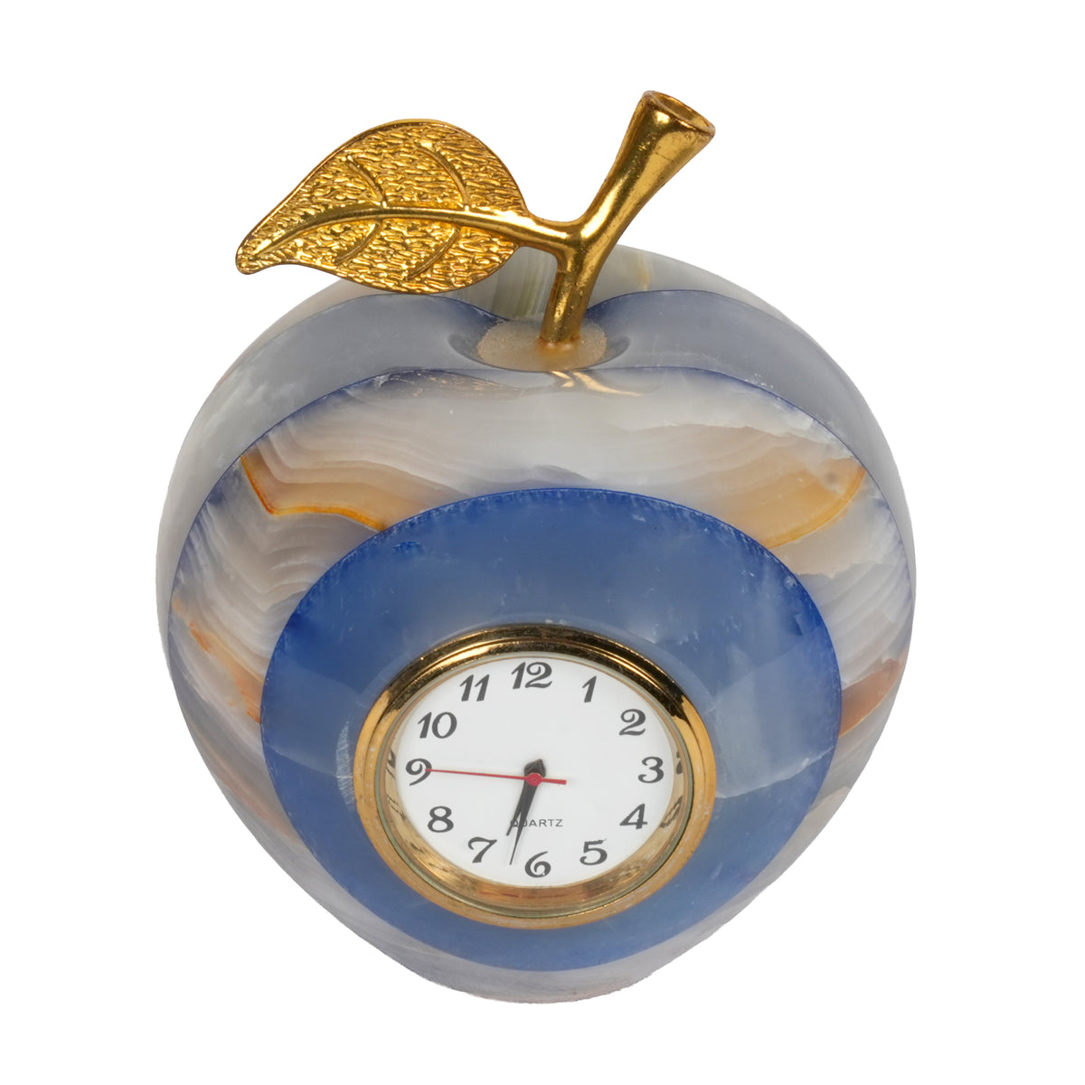 Handcrafted Onyx Stone Apple Clock | Creative Natural Banded Marble Desk Timepiece