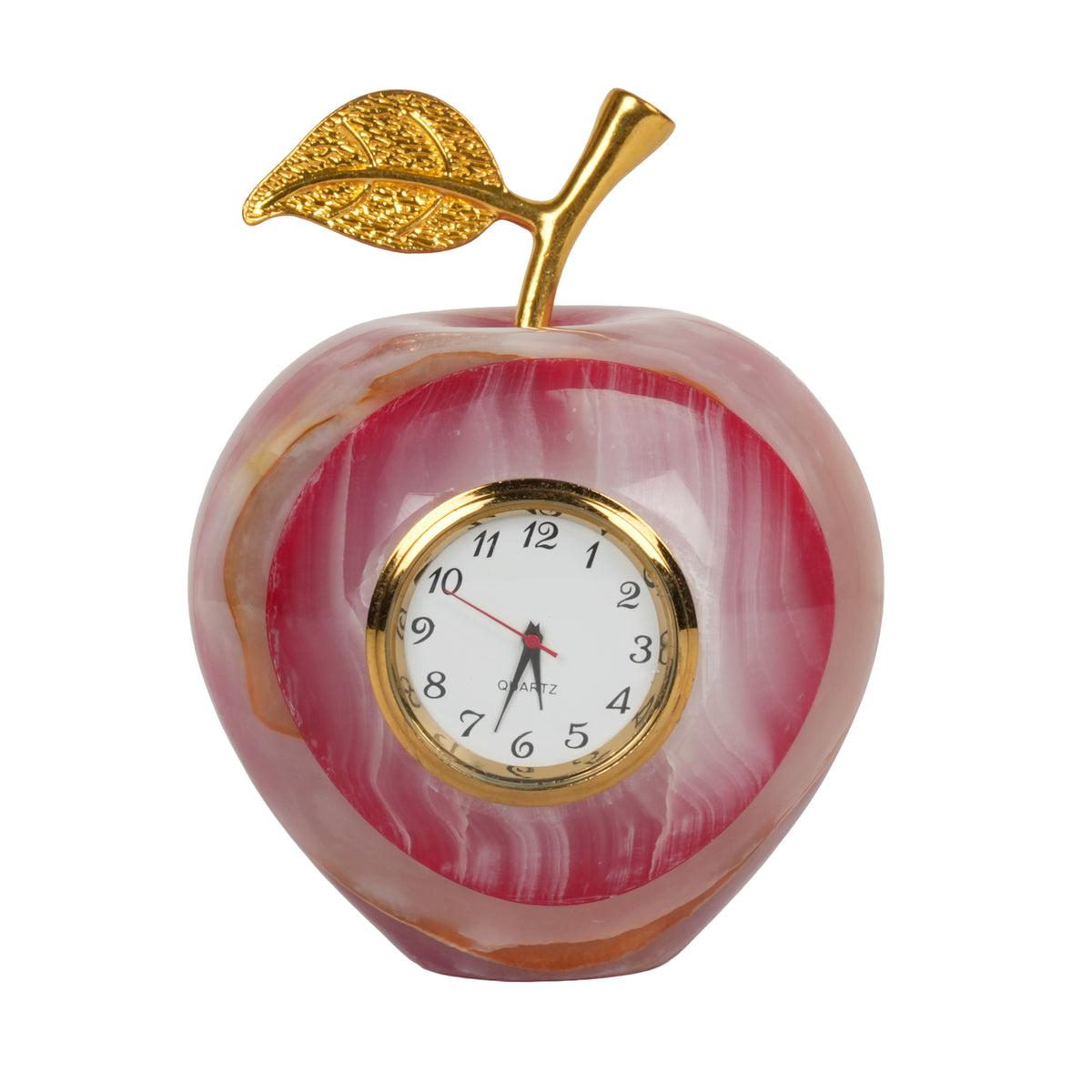 Handcrafted Onyx Stone Apple Clock | Creative Natural Banded Marble Desk Timepiece