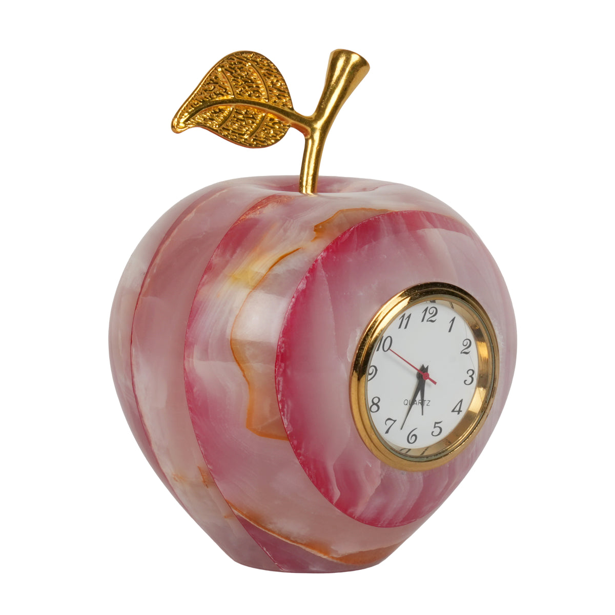 Handcrafted Onyx Stone Apple Clock | Creative Natural Banded Marble Desk Timepiece
