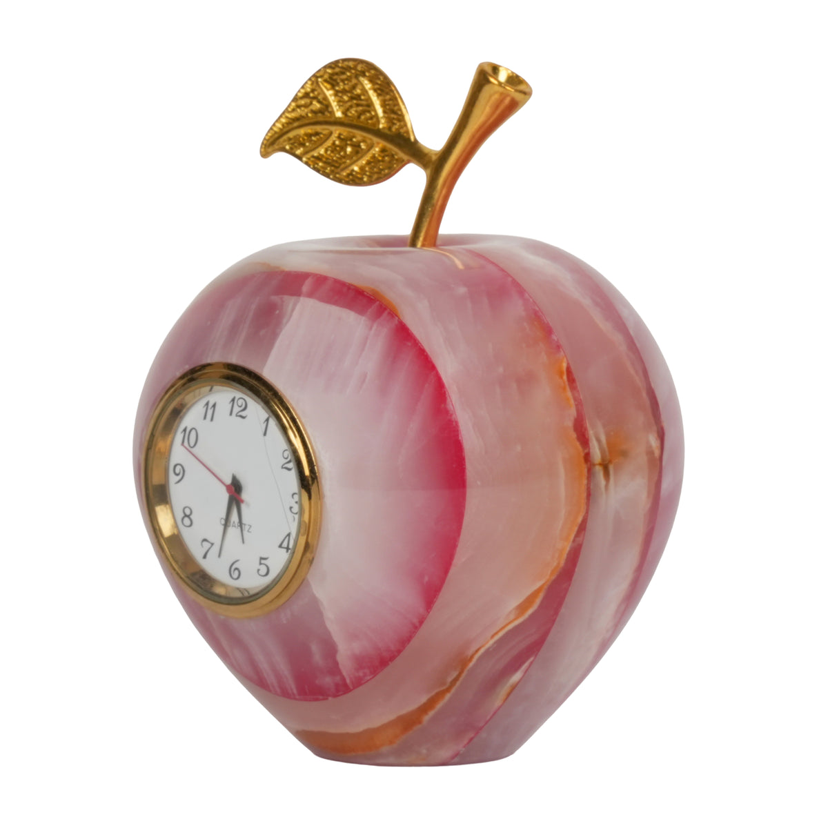 Handcrafted Onyx Stone Apple Clock | Creative Natural Banded Marble Desk Timepiece
