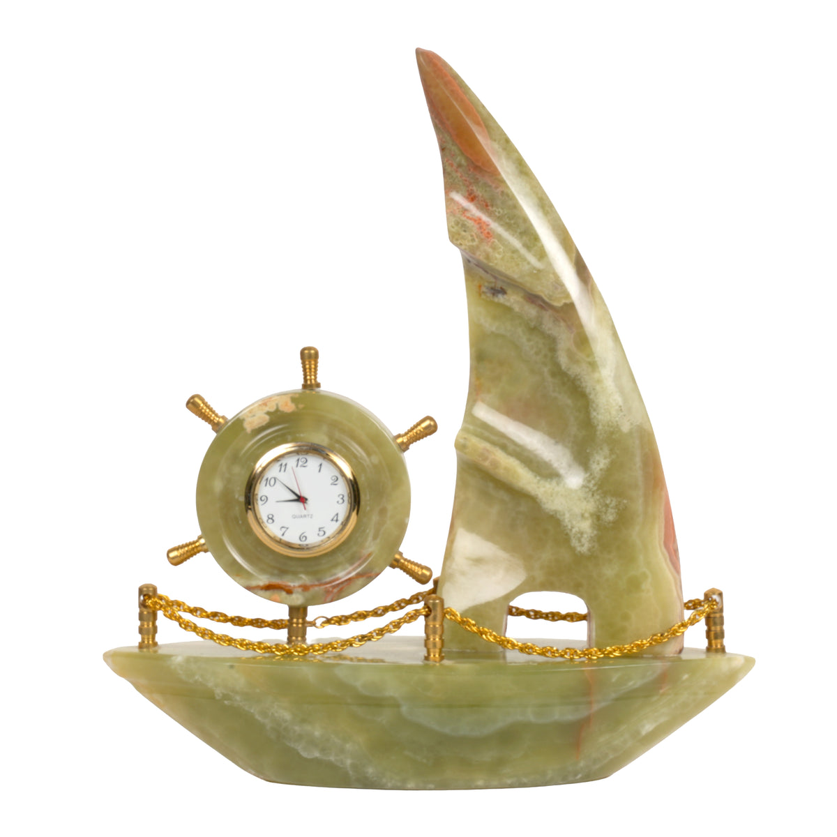 Handcrafted Onyx Sailboat Desk Clock with Brass Accents