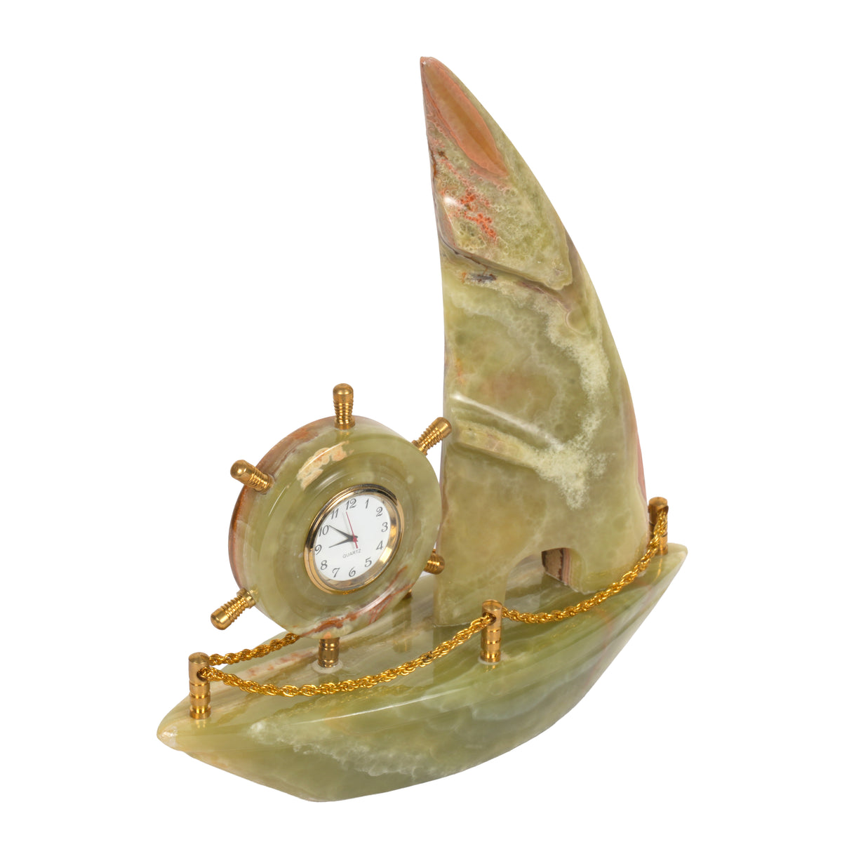 Handcrafted Onyx Sailboat Desk Clock with Brass Accents