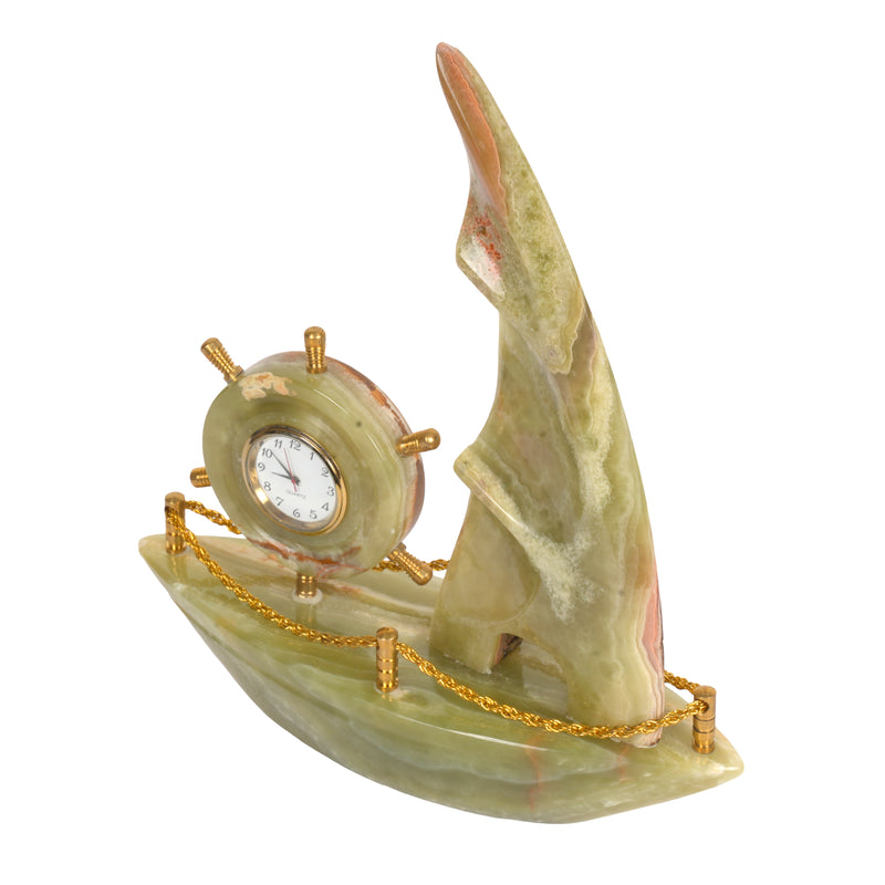 Handcrafted Onyx Sailboat Desk Clock with Brass Accents