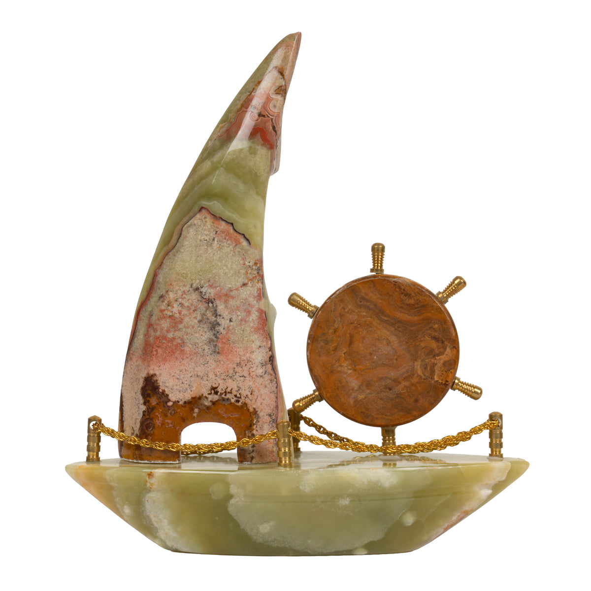 Handcrafted Onyx Sailboat Desk Clock with Brass Accents