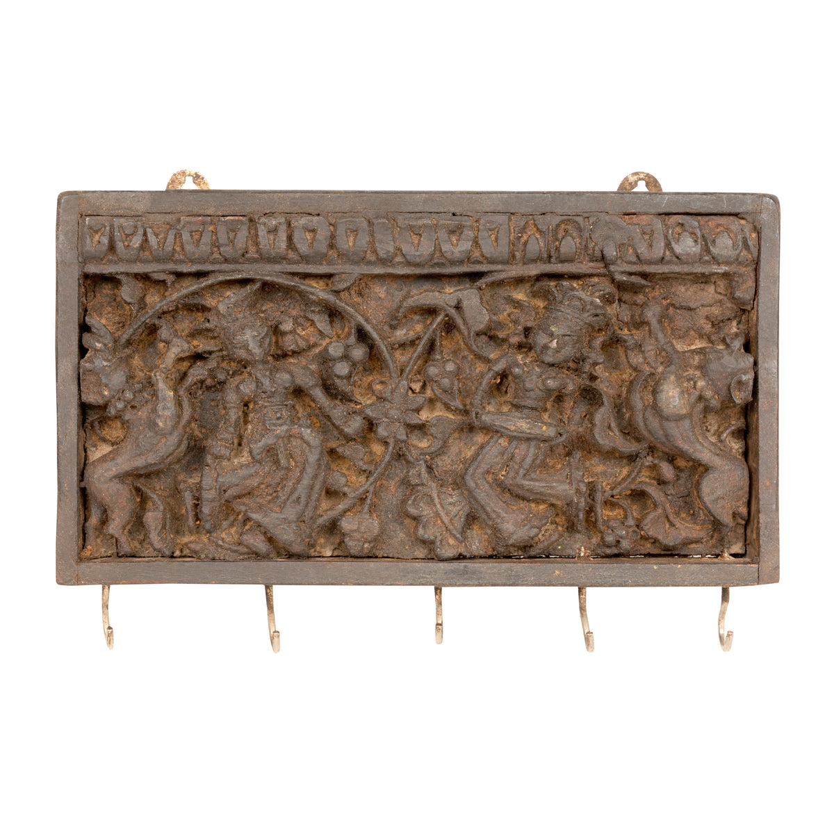 Handcrafted Rajasthani Wooden Wall Hanging with Hooks – Cultural Décor & Practical Storage