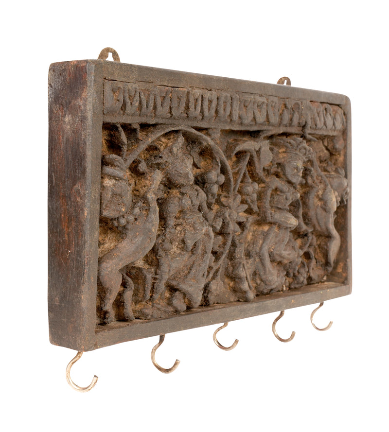 Handcrafted Rajasthani Wooden Wall Hanging with Hooks – Cultural Décor & Practical Storage