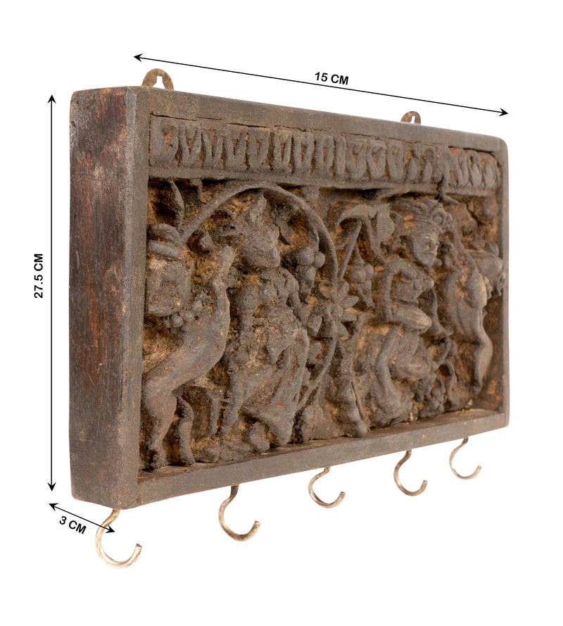 Handcrafted Rajasthani Wooden Wall Hanging with Hooks – Cultural Décor & Practical Storage
