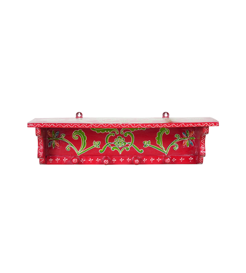 Handcrafted Rajasthani Wooden Wall Shelf with Hooks – Vibrant Design & Practical Storage