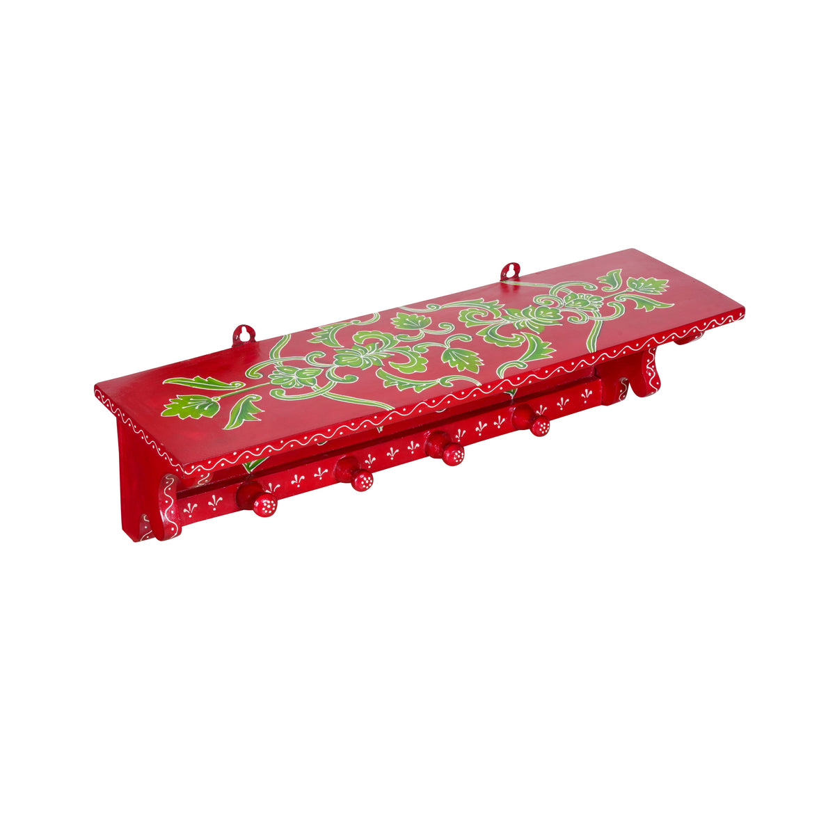 Handcrafted Rajasthani Wooden Wall Shelf with Hooks – Vibrant Design & Practical Storage