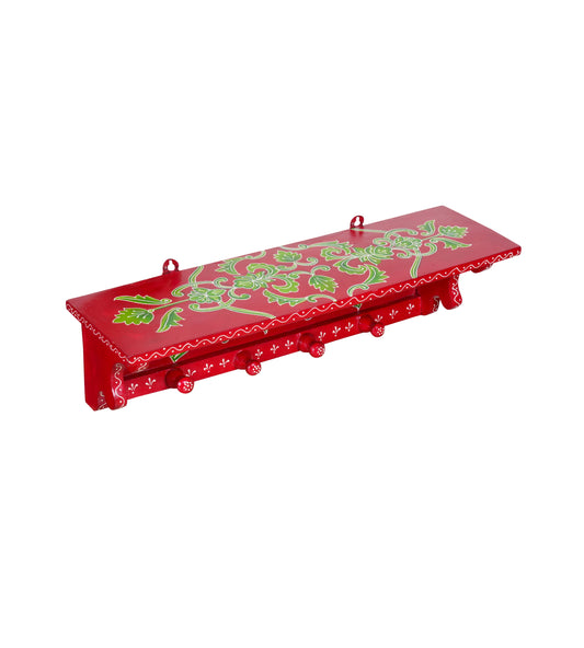 Handcrafted Rajasthani Wooden Wall Shelf with Hooks – Vibrant Design & Practical Storage